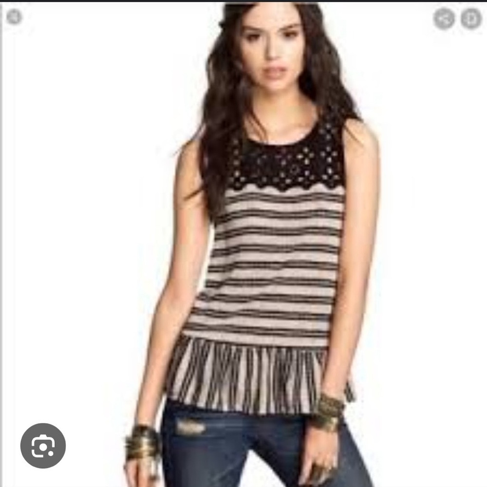Free People Black and‎ White Striped embroidered Tank Top
